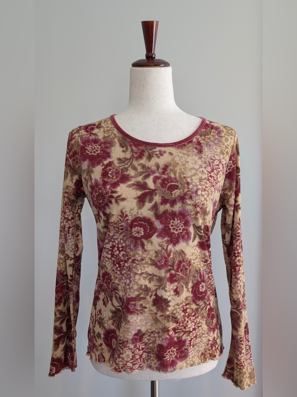 Vintage Liz Claiborne Women’s Floral Velvet Long Sleeve Burnout Top Size Small